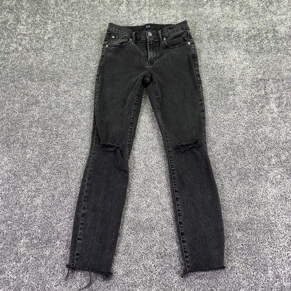 Gap Jeans Womens 26 Gray Black True Skinny Stretch Distressed Fray Hem Denim
